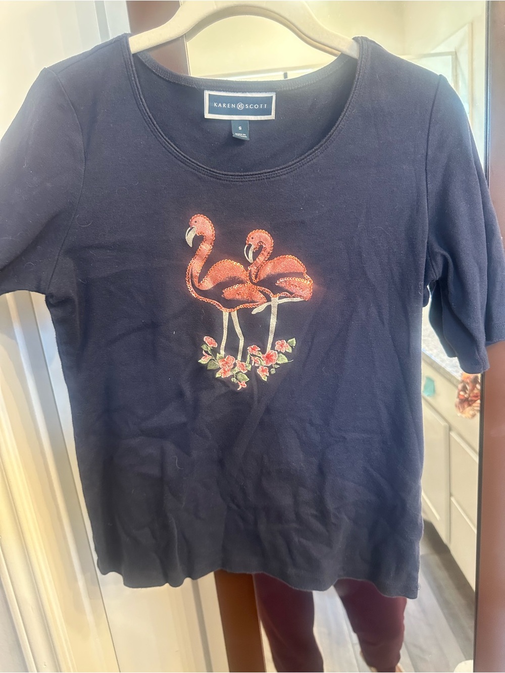 Karen Scott Navy Tee with Sequin Pink Flamingos